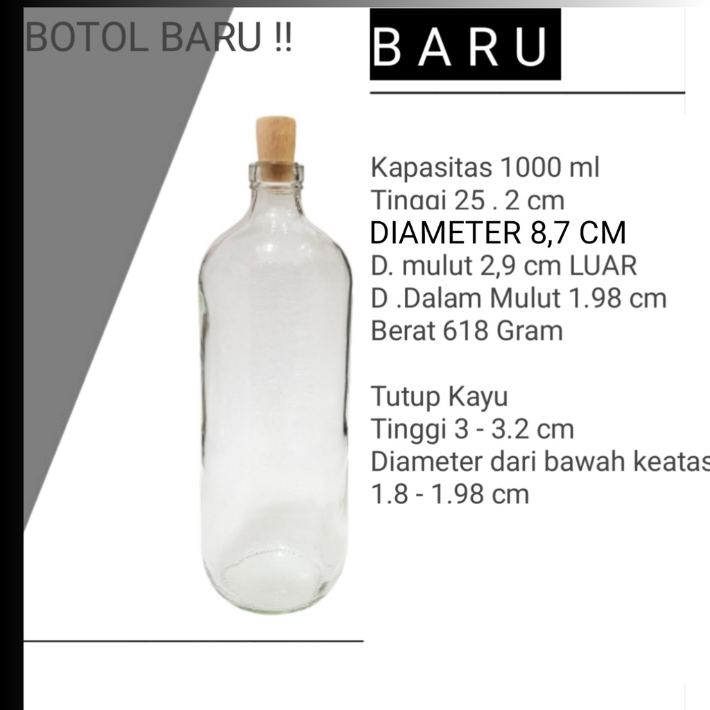 / 10 PCS  Botol  Kaca 1 liter + tutup plug bening baru / Botol Jamu 1liter  baru / Botol Beling 1lt 