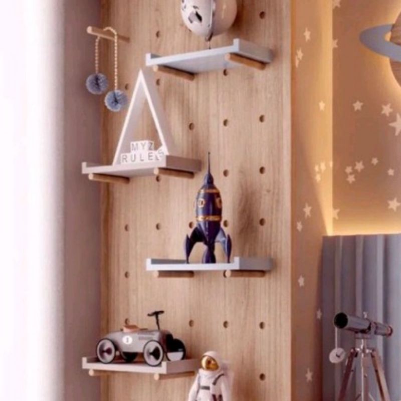 pegboard standing kayu/papan kayu berlubang plus ambalan