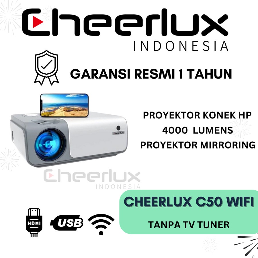 CHEERLUX INDONESIA | PROYEKTOR CHEERLUX C50 WIFI BLUETOOTH 5000 LUMENS | PROJECTOR CHEERLUX C50 WIFI MIRRORING KE HP DAN LAPTOP