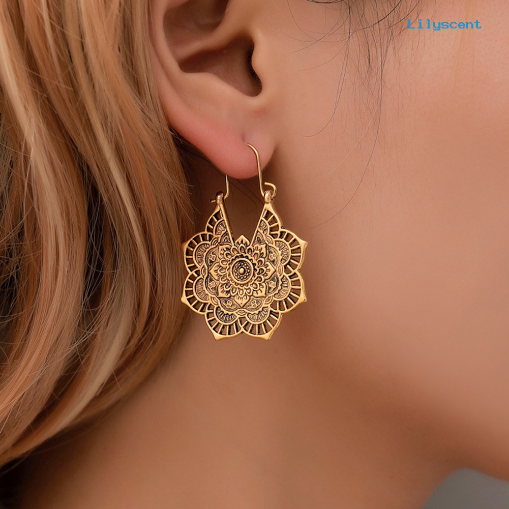 [LS] Vintage Wanita Berongga Keluar Ukir Bunga Menjuntai Leverback Earrings Perhiasan Hadiah