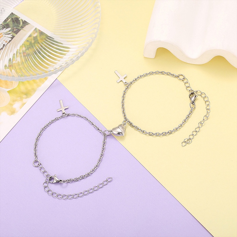 2pcs/set Gelang Salib Pasangan Magnet Rantai Stainless Steel Cinta Hati Magnet Unisex Pria Wanita Aksesoris Fashion