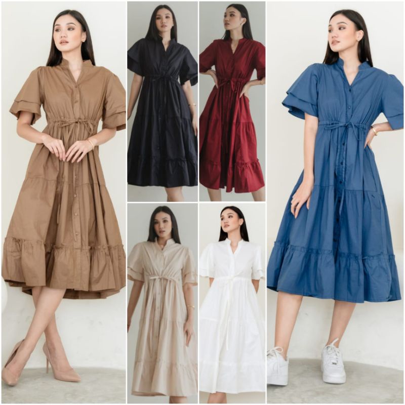 ♡ PREMIUM ♡ ORIGINAL ! CHERISH PLAIN BUTTON HIGH NECK LAYER SLEEVE LAYER MIDI DRESS ( BUSUI &amp; BUMIL FRIENDLY )