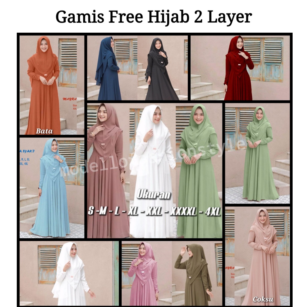 MARINA-GAMIS DRESS M L XL XXL 3XL 4XL JUMBO BUSUI SYARI WANITA HIJAB KERUDUNG 2 LAYER WARNA POLOS ME