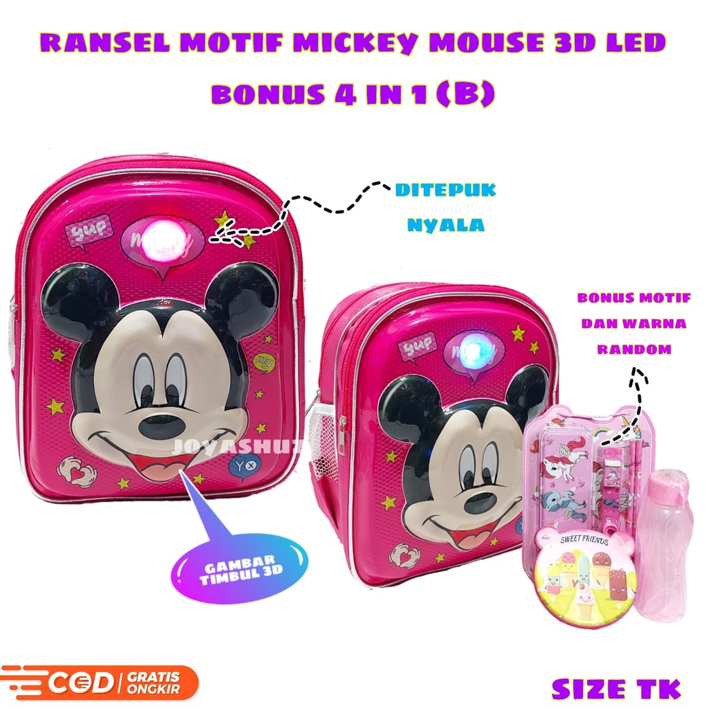 Ransel Anak Sekolah Perempuan Karakter Mickey - Tas Anak 3D Mickey Gemas - Ransel Lucu - Tas Gratis Bonus - Ransel Gratis Botol