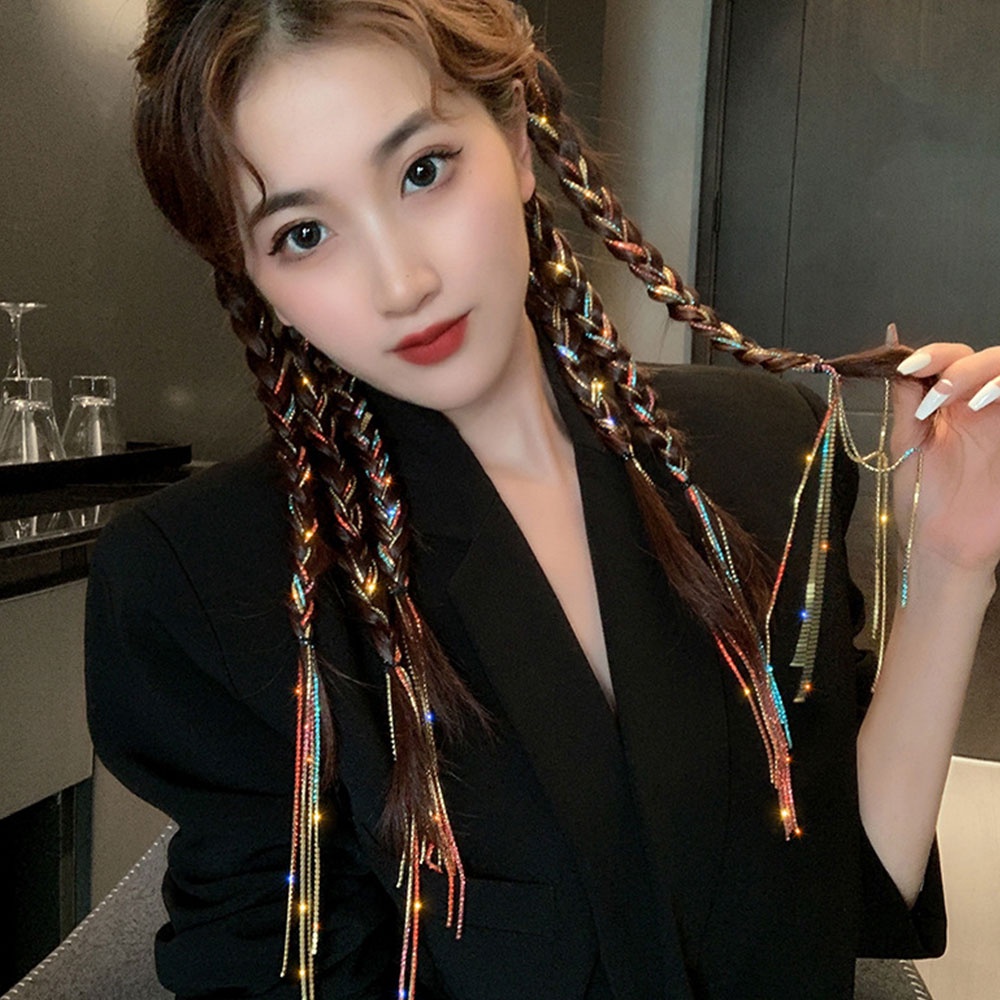Perempuan Musim Panas Kotor Kepang Hairband Warna-Warni Flash Berlian Rantai Jepit Rambut Rumbai Sisi Jepit Rambut Fashion Rhinestones Aksesoris Rambut Mengepang Artefak Untuk Wanita
