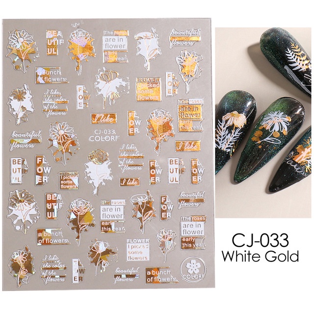 GELASA Stiker Kuku Nail Art Sticker Flower Mix Gold &amp; White Foil Hologram semi3D series CJ