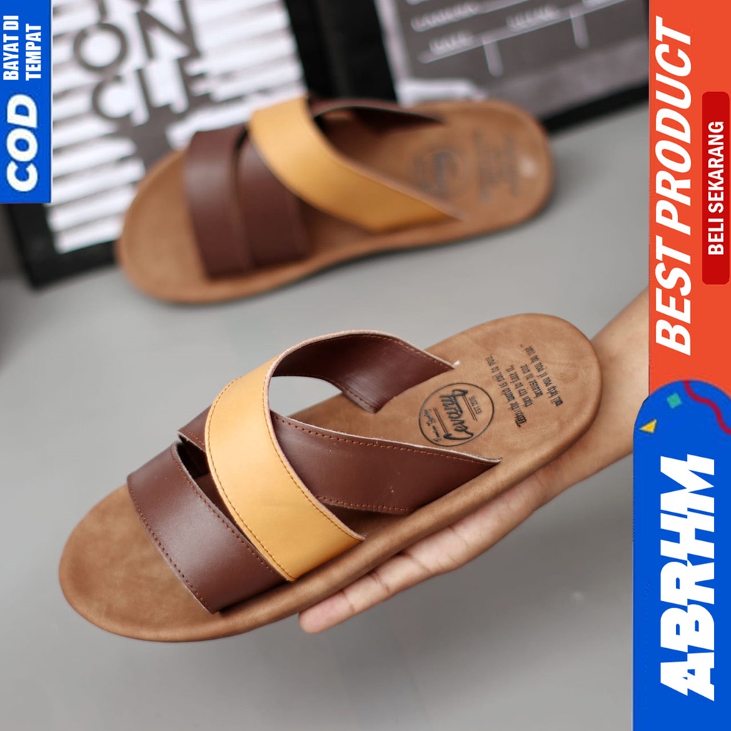 Sandal Pria Sendal Slide Pria Kulit Asli Abrhm Combi