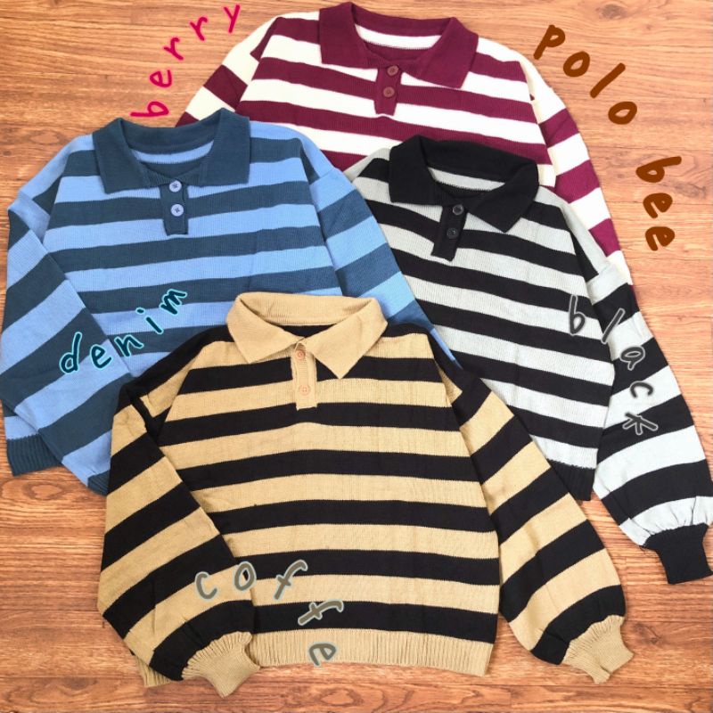 SWEATER POLO BEE KNIT MOTIF GARIS BLASTER ATASAN RAJUT WANITA OVERSIZE CROP KOREAN