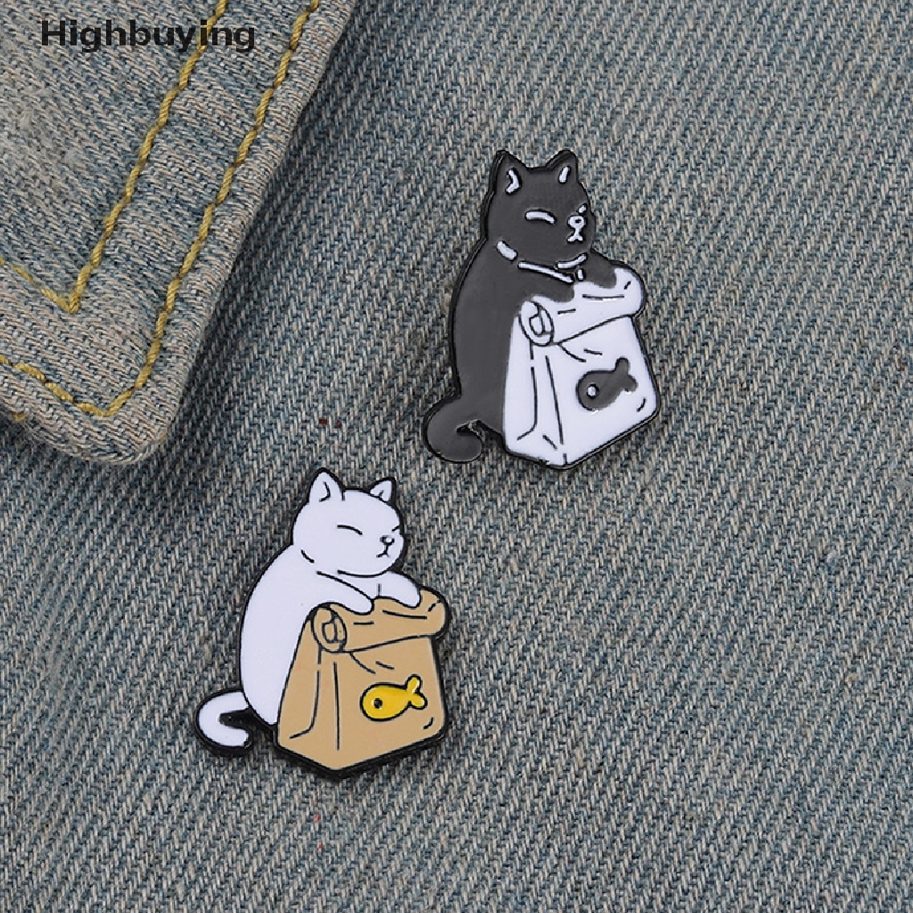 Hbid Pakan Sendiri Enamel Pin Lucu Hitam Putih Kucing Ikan Kering Tas Bros Kerah Badge Glory