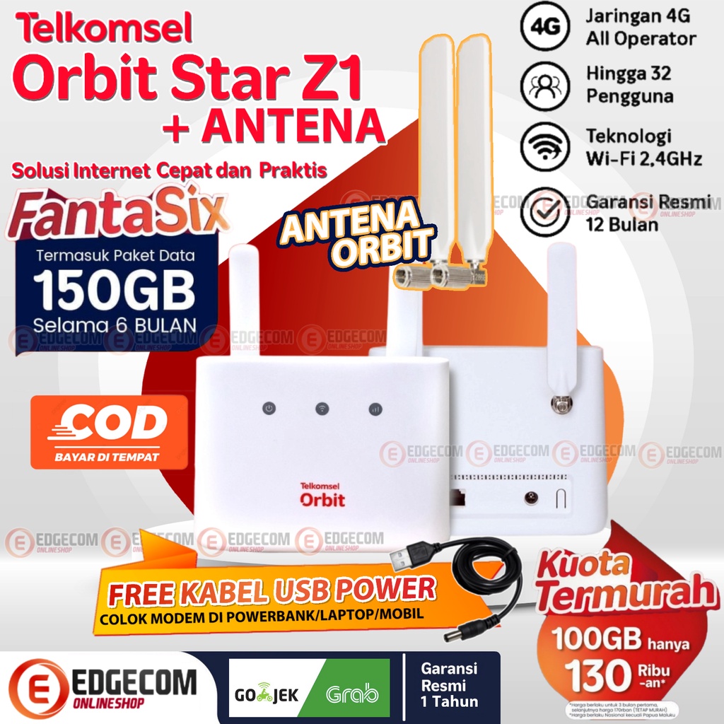 Telkomsel Orbit Star Z1 Modem WiFi 4G LTE ZTE Bonus Data 150GB + Free Antena + Kabel Power