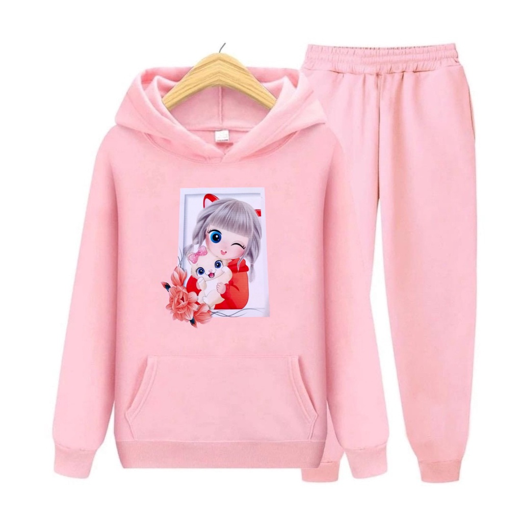 Baju Setelan Sweater Anak Perempuan Viral Motif Printing Kitty Girl