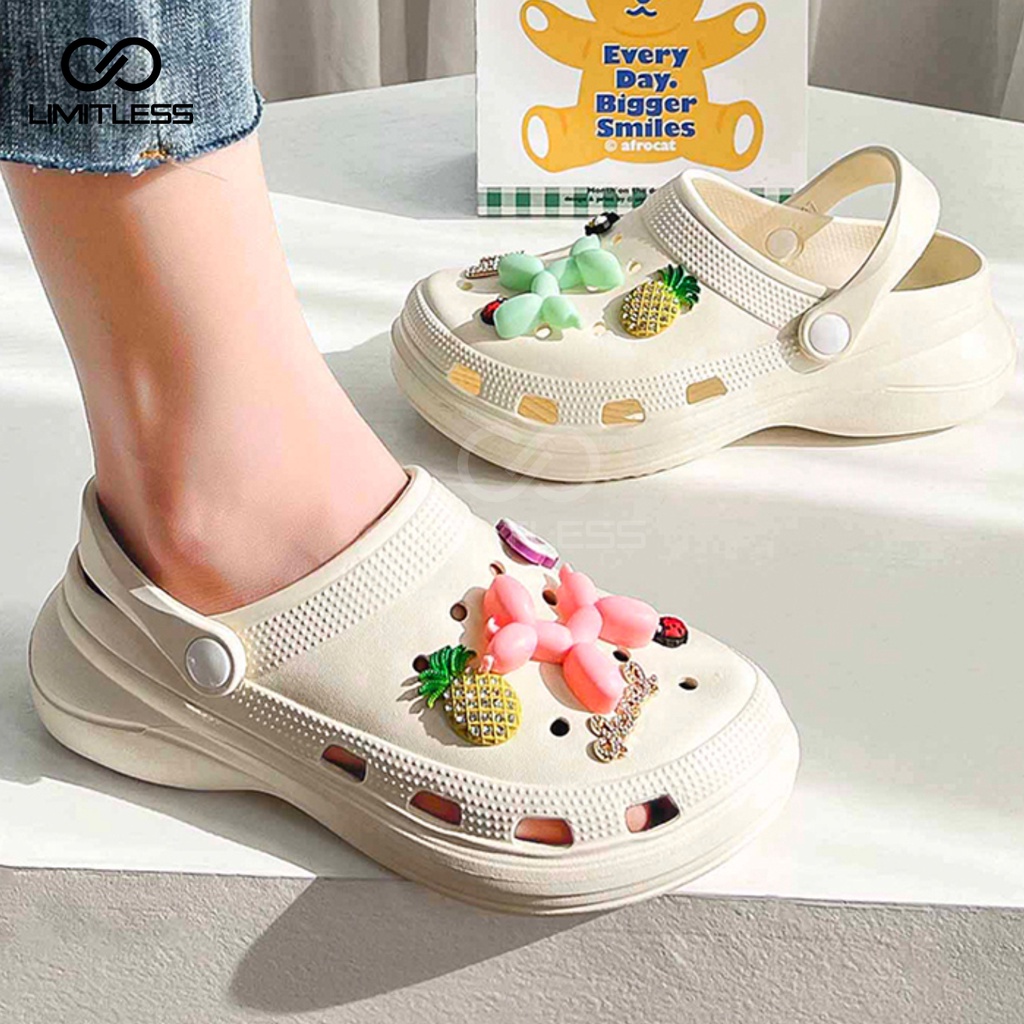 Sandal Wanita Slop  Viral Fuji Jibbitz Terbaru Kekinian Sandal Selop Eva Rubber Ringan Tebal Sendal Cewek Slip On Wedges Platform Korean Style