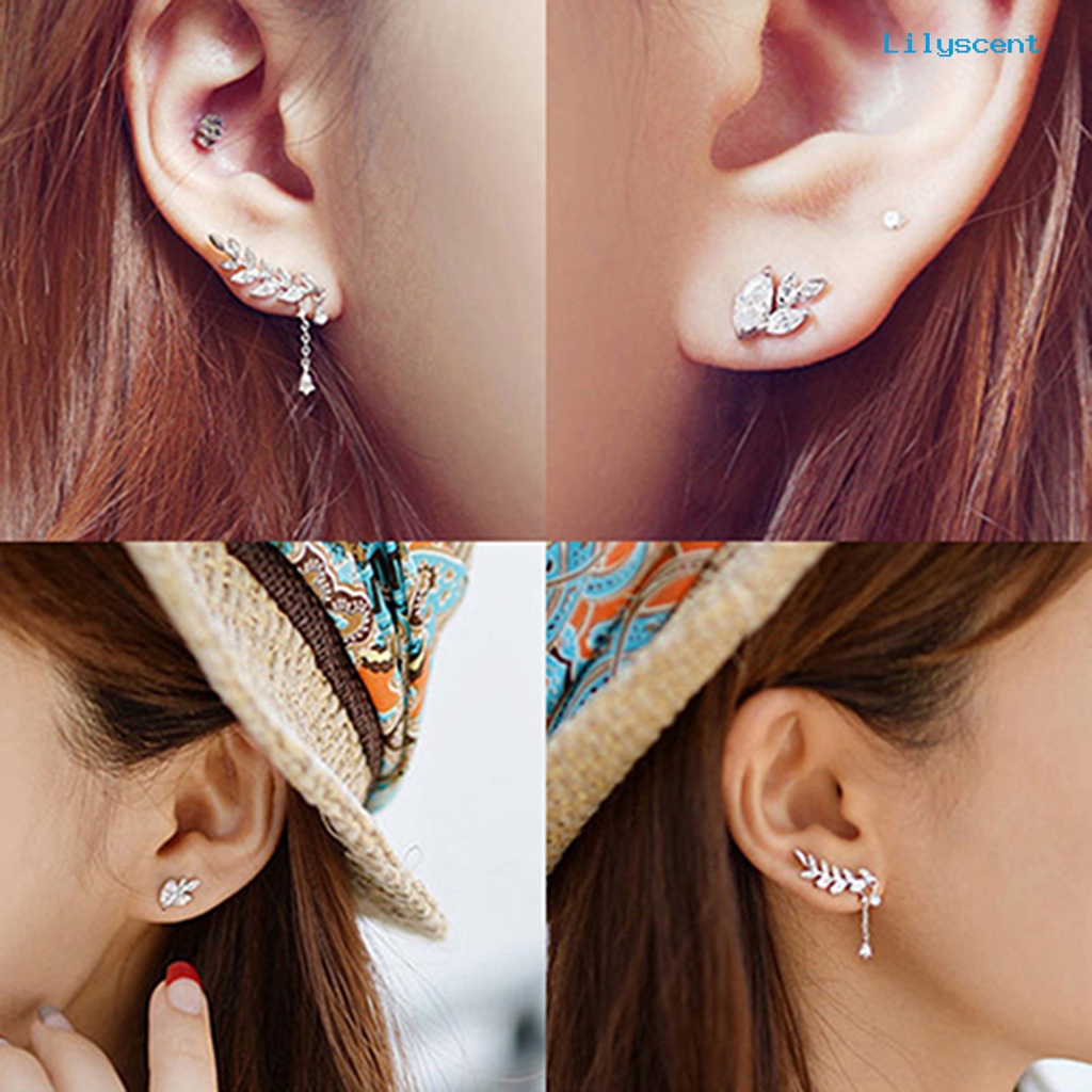 [LS] Ear Studs Asimetris Anti Karat Wanita Daun Berlian Imitasi Anting Rumbai Untuk Pernikahan