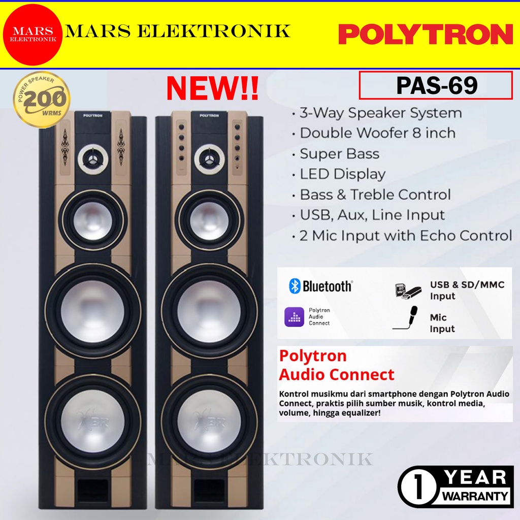 SPEAKER ACTIVE POLYTRON PAS-69 - BLUETOOTH - DOUBLE WOOFER XBR - PAS 69 -  READY