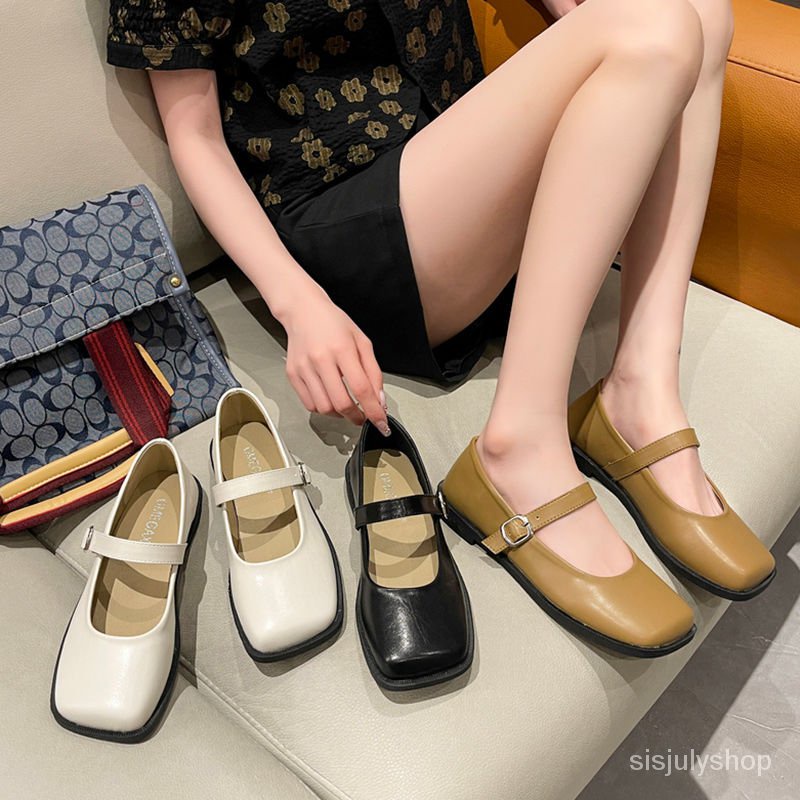 #Sisjuly# Sepatu kulit wanita baru French square toe flat bottom milk shoes wanita sepatu tunggal