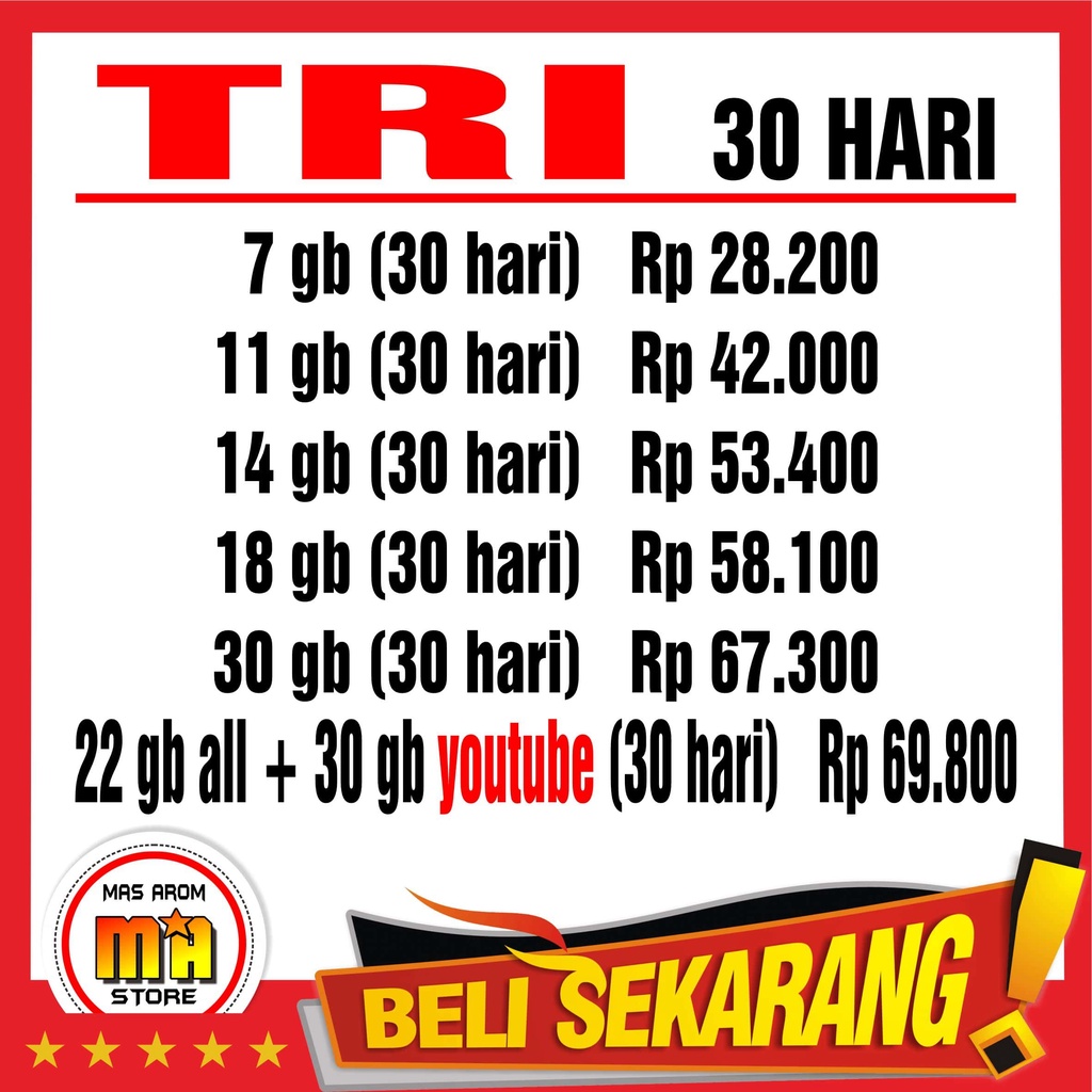 Tri Paket Data Kuota Internet Inject All Jaringan 30 Hari Unlimited Youtube Proses Cepat