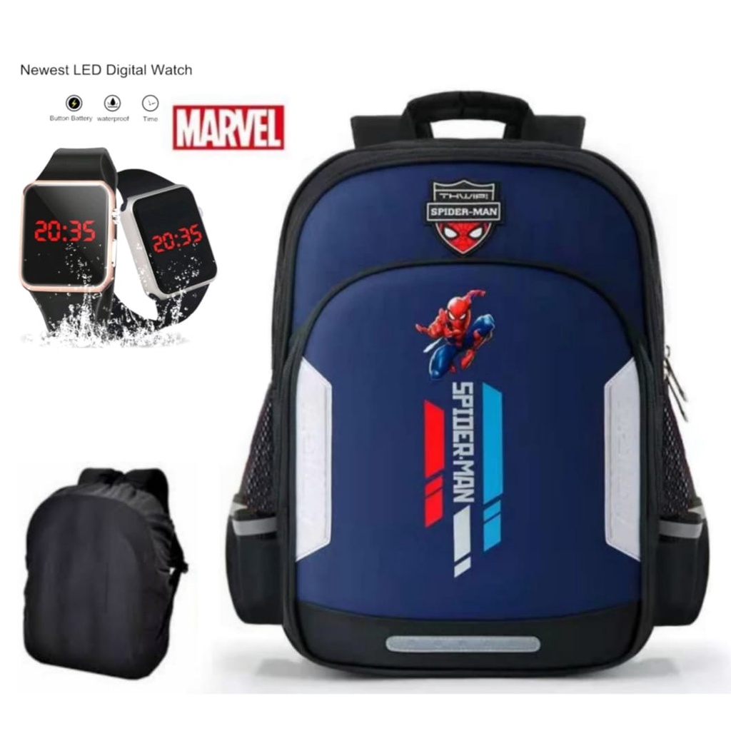 tas anak laki ( BONUS JAM LED dan RAINCOVER TAS ) - tas sekolah anak TK dan SD - tas anak spiderman - tas ransel anak kekinian