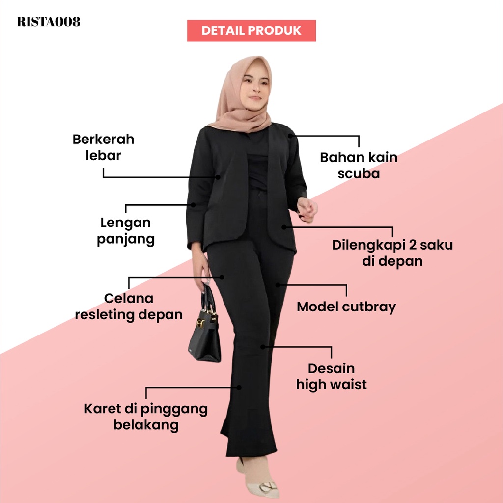 One Set Pakaian Formal Jas Blazer Scuba Dan Celana Cutbray Polos Wanita Kekinian