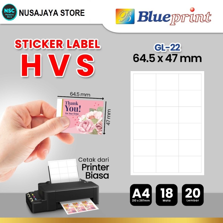 

Kertas Stiker Label HVS Doff A4 BLUEPRINT Uk 64,5 x 47 mm - 20 lembar