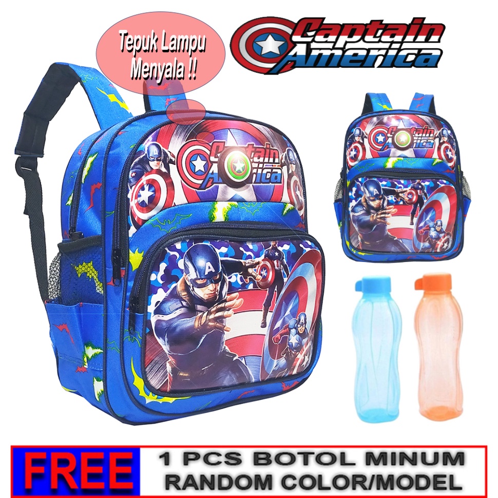 Tas Ransel lampu LED anak Laki-laki SEKOLAH Paud /Tk  Karakter SUPER HERO CAPTAIN AMERICA - BATMAN - SPIDERMAN Free Botol