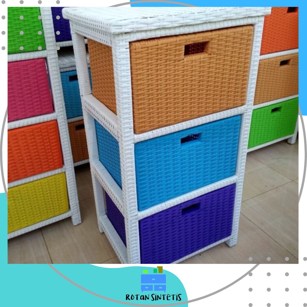 Lemari Laci Susun 3 Atas Rak Serbaguna Rotan Sintetis Terakit