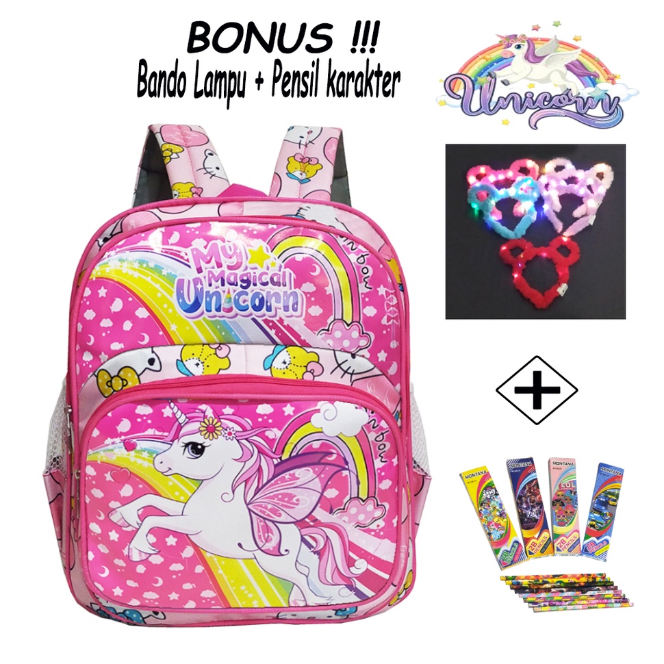 TAS SEKOLAH ANAK PEREMPUAN TK / PAUD KARAKTER UNICORN RANSEL MINI / TAS NGAJI ANAK CEWEK FREE BANDO LAMPU DAN PENSIL