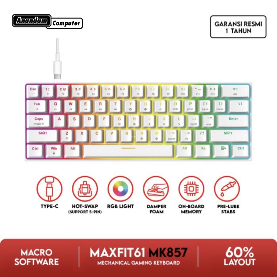 Keyboard Fantech MAXFIT61 MK857 60% Hotswap Gaming Mechanical - White
