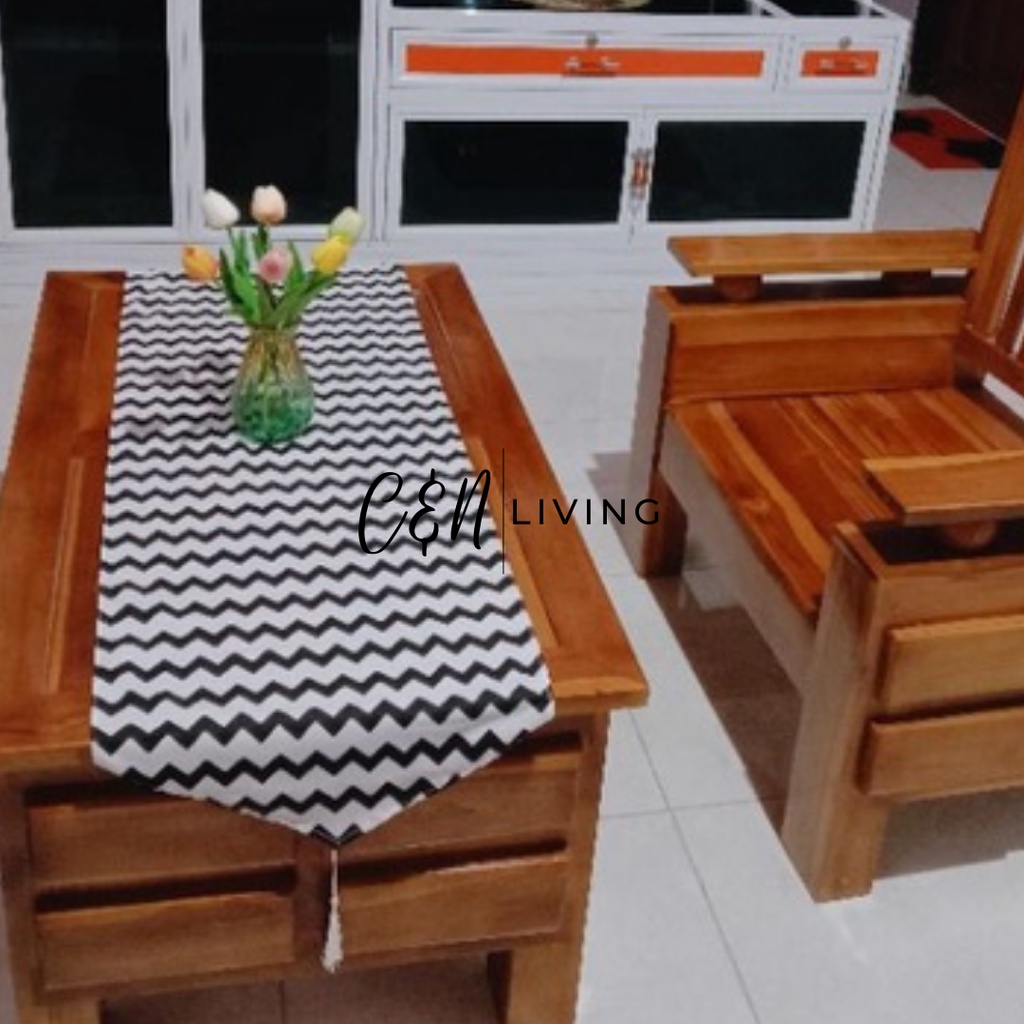 TAPLAK MEJA RUANG TAMU TABLE RUNNER MOTIF ZIGZAG / RETRO KATUN CVC ( 60 X 200 )