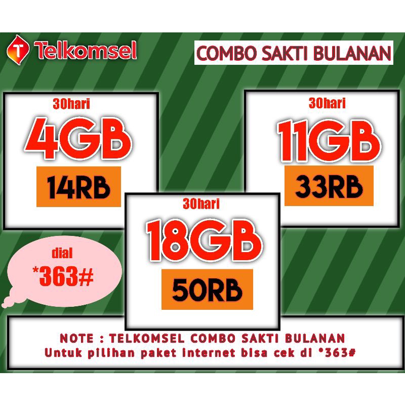 Telkomsel Sakti Bulanan 4gb/14rb,11gb/33rb,18gb/50rb