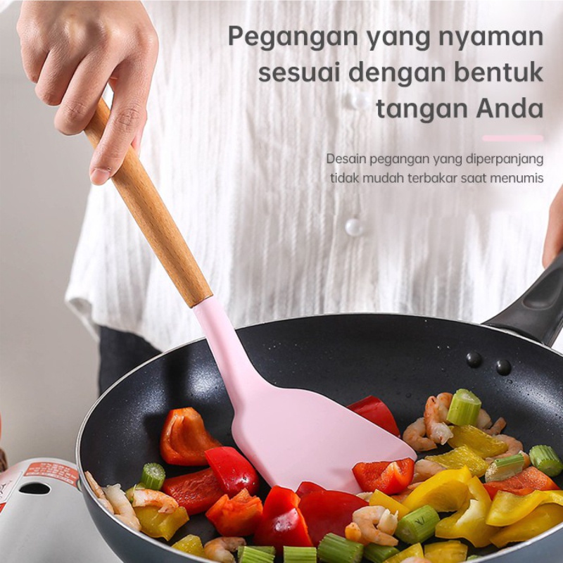 Spatula Silikon Set Gagang Kayu Tahan Panas Alat Masak Tempat Silicon Unikdekorasi