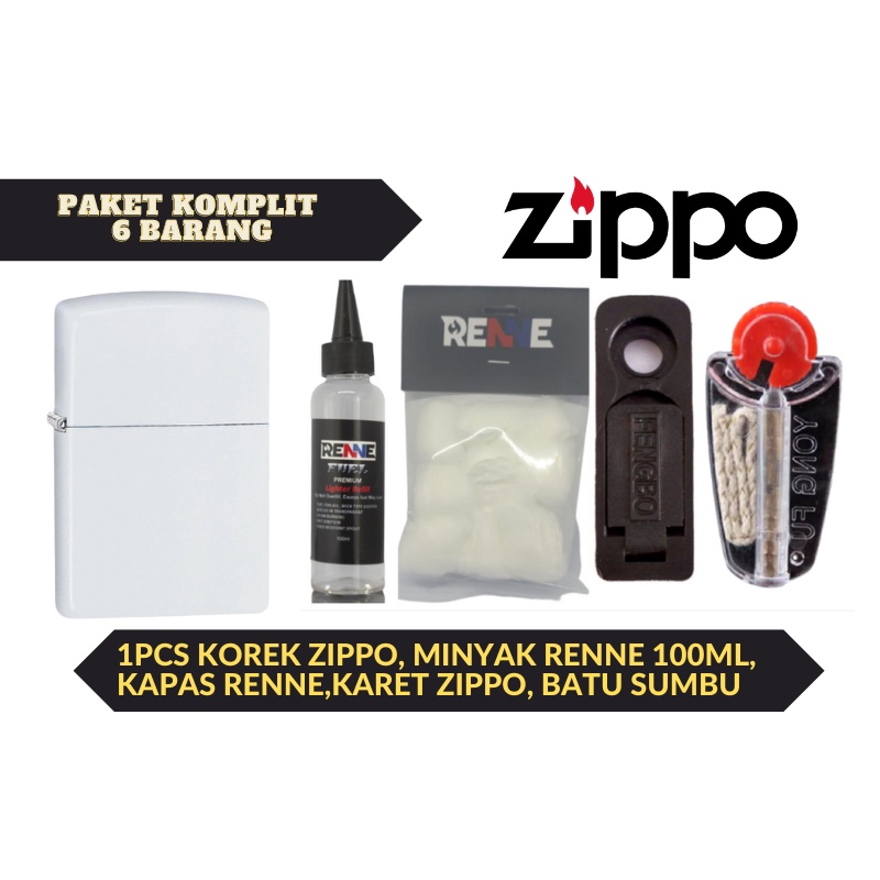 Paket lengkap korek Zippo Putih Matte tanpa logo plus minyak kapas batu sumbu karet tutup zippo