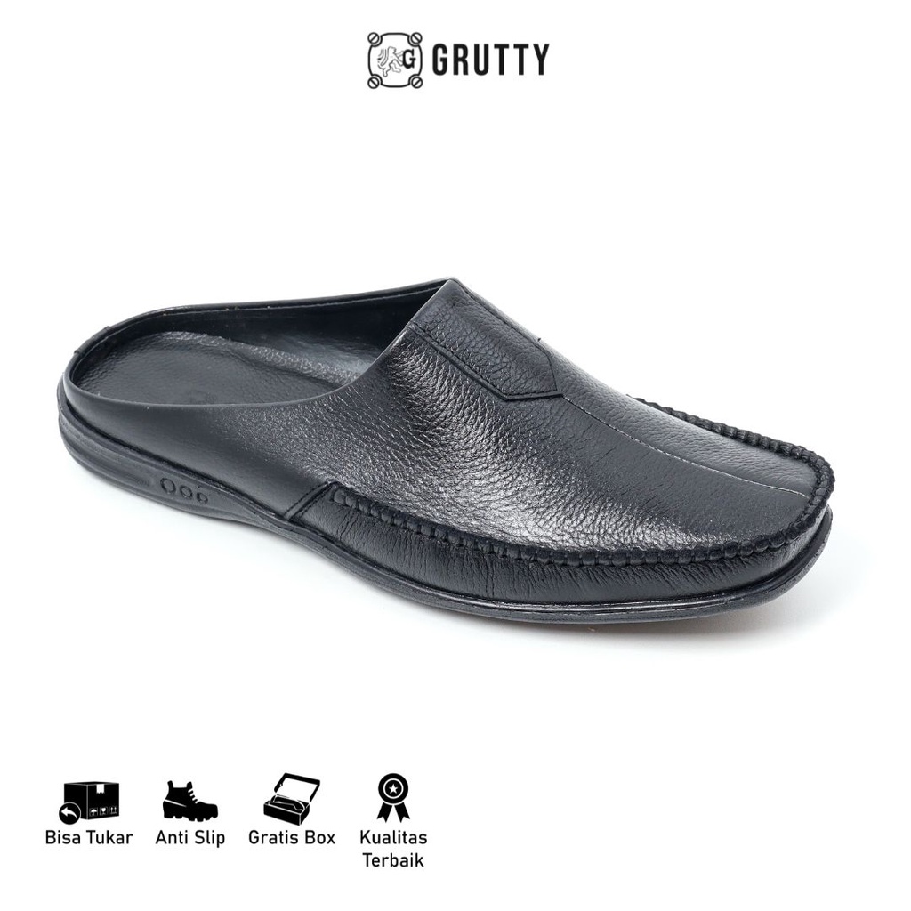 Sepatu Sandal Pria Grutty DC021 Hitam Bustong Pria Sepatu slip on selop Kulit Asli