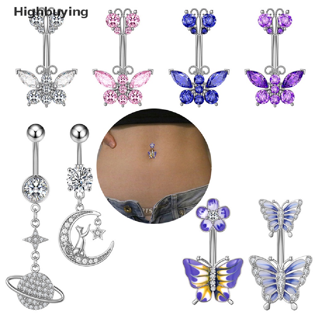 Hbid 1Pcs Butterfly Belly Button Ring Bintang Kristal Zirkon Pusar Rings Belly Body Perhiasan Menjuntai Drop Glory