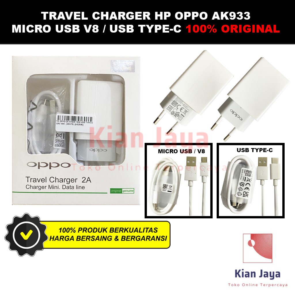 [Garansi 100% Ori] Travel Charger OPPOO AK933 F5 / F7 / A37 / F1S / F3 2A Micro USB V8 AK933GB Adaptor Hp Original