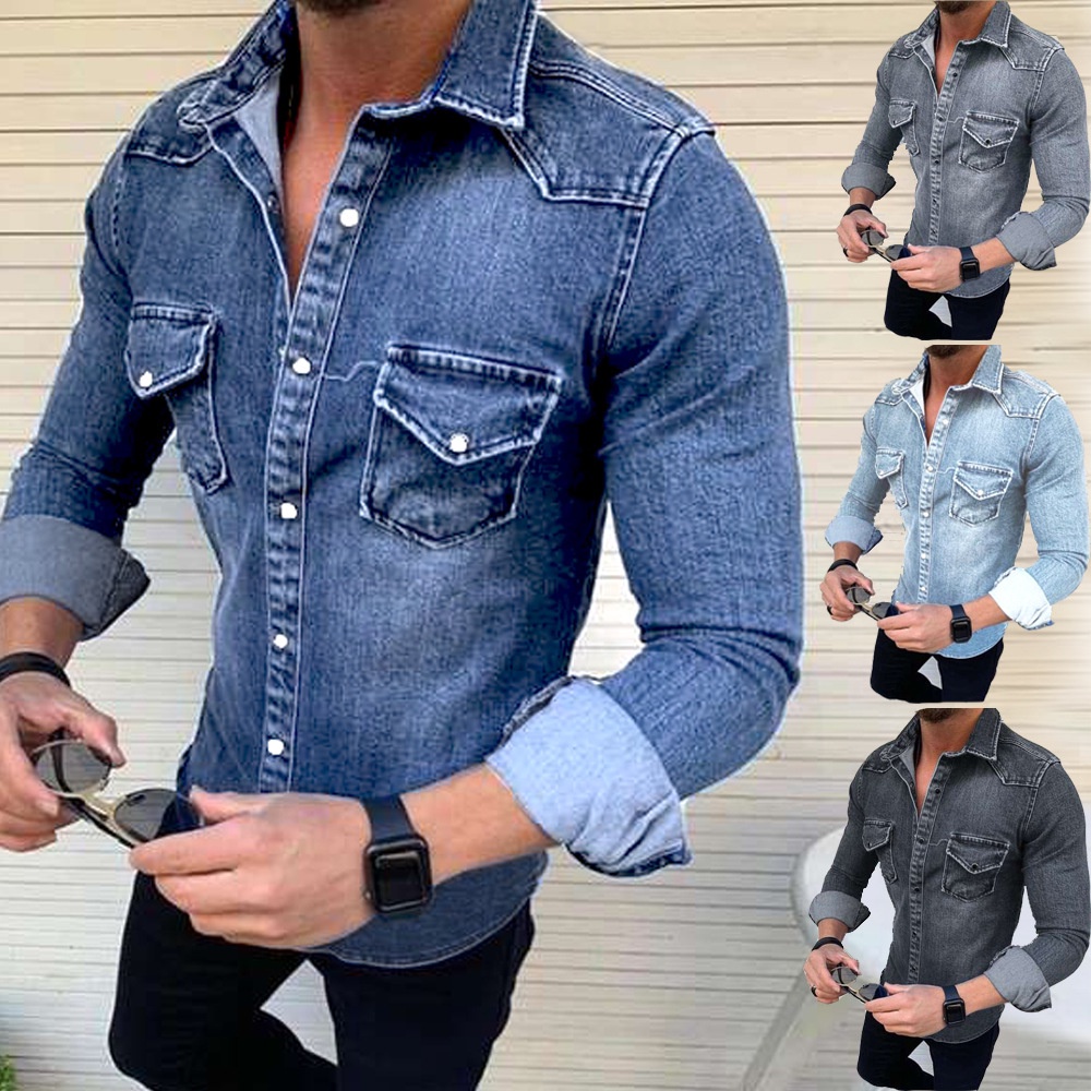 Pria Korea Denim  cuci Pria Kasual Lengan Panjang Kemeja Denim jaket Pria