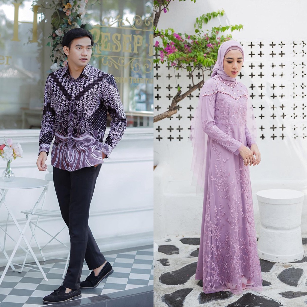 BATIK COUPLE GAMIS BROKAT TULLE MODERN FANIA - DRESS KONDANGAN WANITA KEKINIAN BAJU COUPLE PASANGAN LENGAN PANJANG GAMIS PESTA