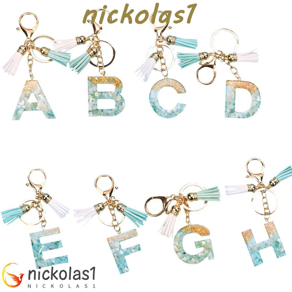 Nickolas1 26huruf Gantungan Kunci 1PC Glitter Gradiasi Resin Huruf Inisial Perhiasan Gantungan Kunci Mobil Foil Emas Dengan Rumbai Liontin Alphabet Key Chain