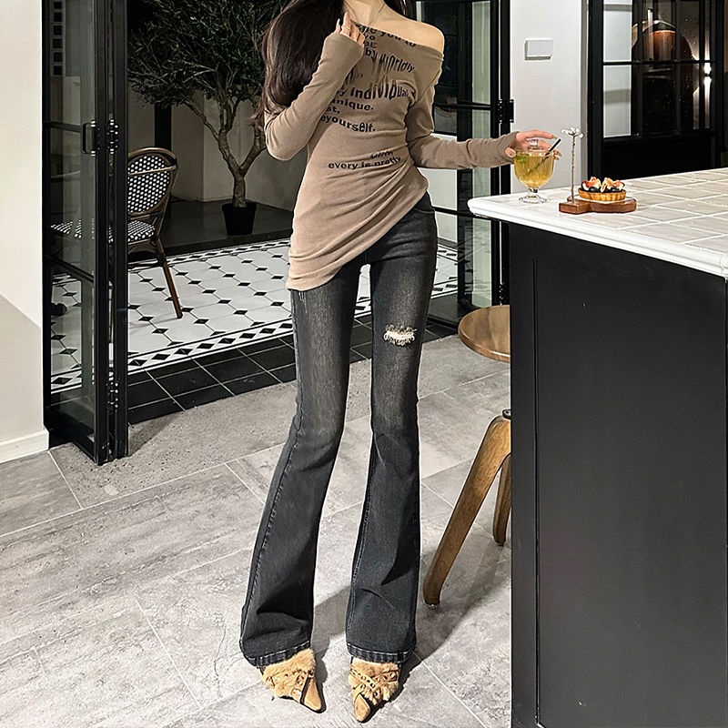 Red Celana jeans wanita berpinggang tinggi 2022 musim gugur baru all-match retro hot girl straight-leg flared trousers trendi