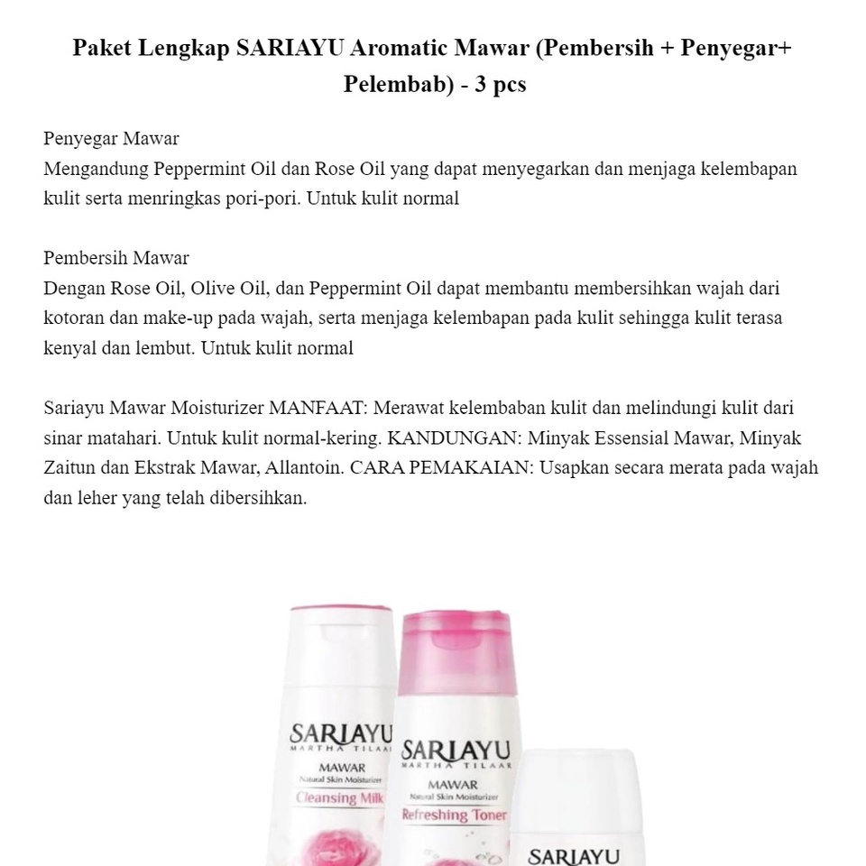 Paket Lengkap SARIAYU Aromatic Mawar (Pembersih + Penyegar+ Pelembab) - 3 pcs