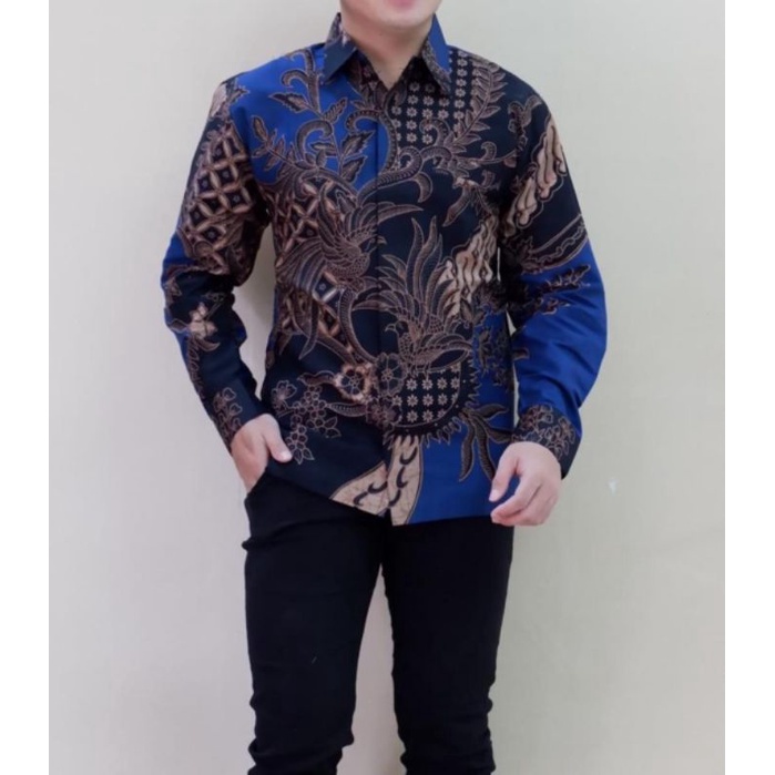 BATIK BOLO DEWO Motif Prabu Jaya Blue Kemeja Baju Batik Pria Lengan Panjang Lapis Furing Hem Atasan