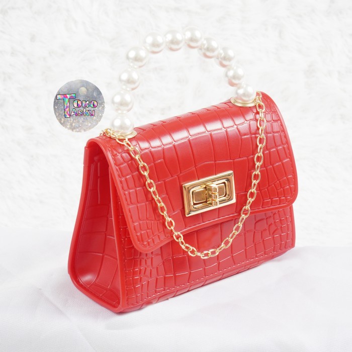 TAS SELEMPANG JELLY MINI CROCO PEARL - Merah
