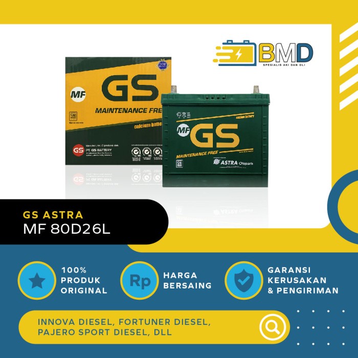 Aki GS ASTRA MF 80D26L untuk Mobil Fortuner, Pajero Sport & sejenis