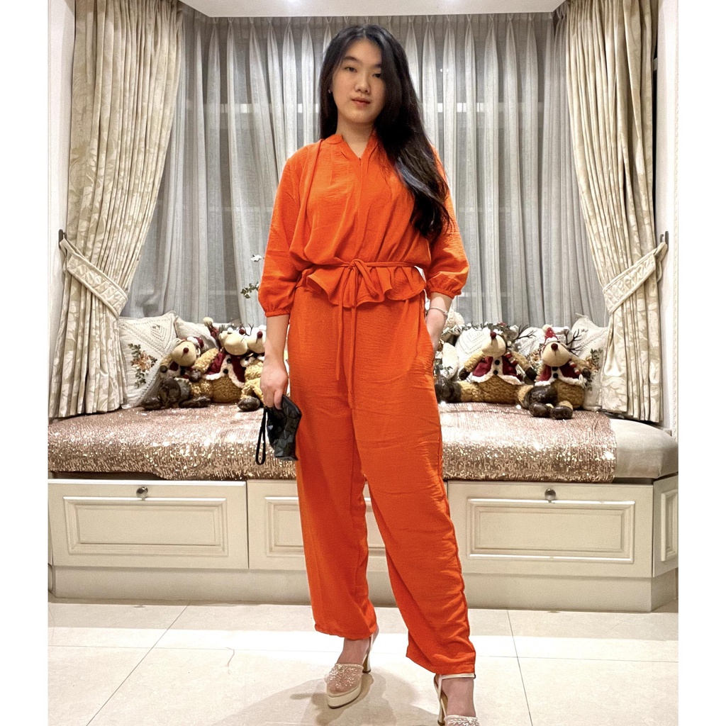 Laura Set tali crinkle lengan 3/4 x Celana panjang