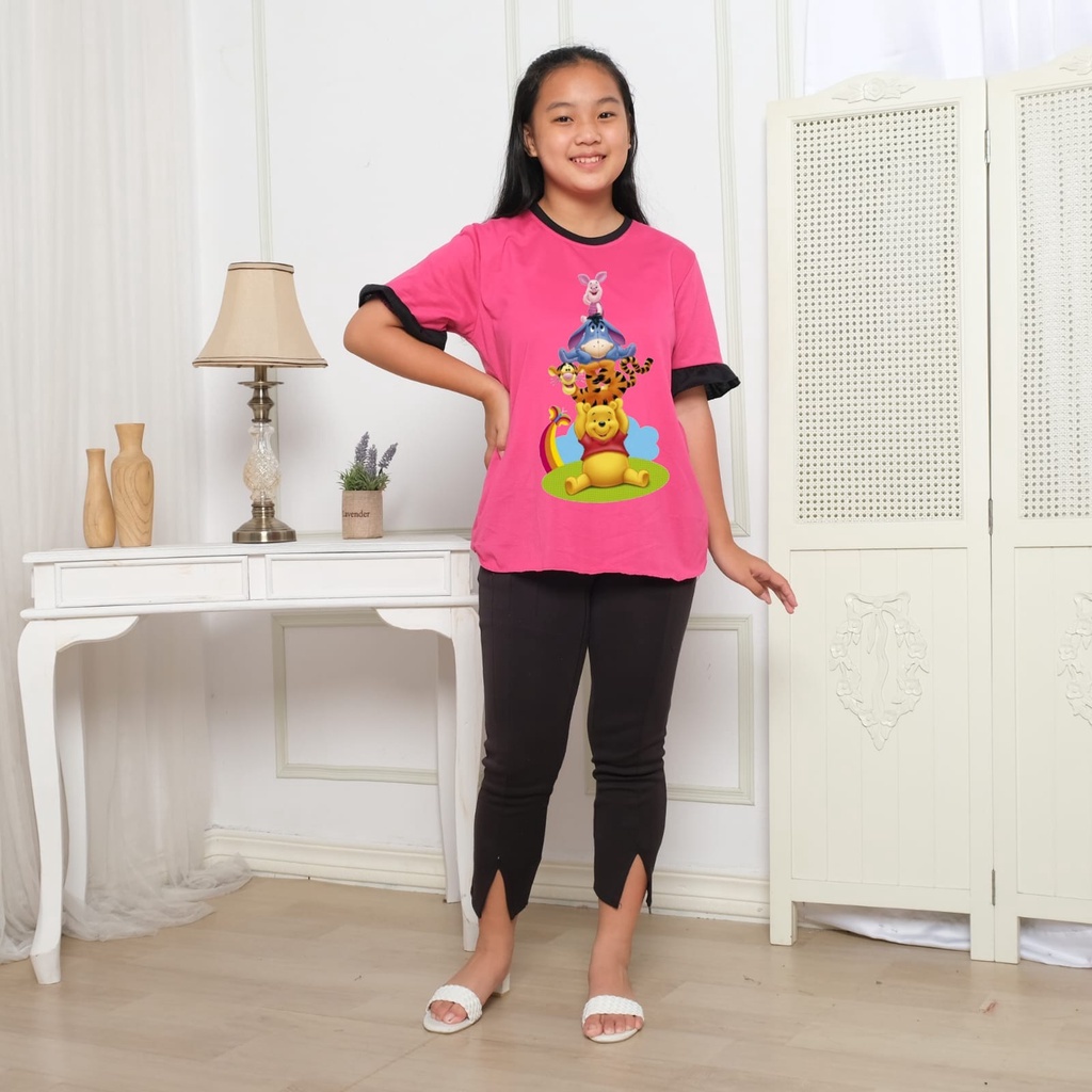 Hzl_outfit Baju Kaos Salma Lengan Kerut Pendek The Pooh Tigger/ Atasan Anak ABG Cewek