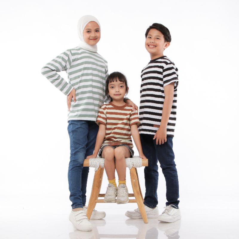 Atasan Baju Kaos Anak Strip Lengan Panjang Dan Pendek Unisex Terbaru 3 Sampai 14 Tahun