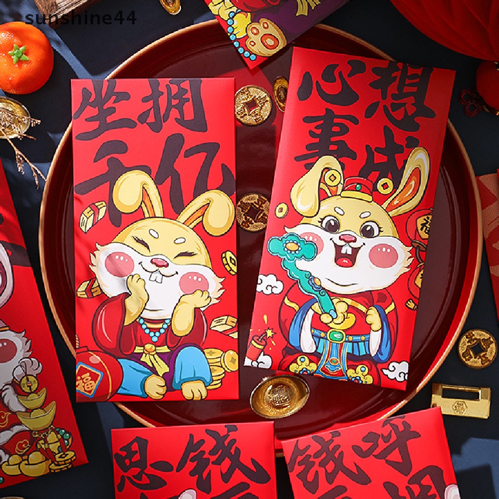 Sunshine 6pcs 2023tahun Kelinci Cina Amplop Merah Kartun Anak Hadiah Uang Packing Bag Lucky Red Packets Bag.