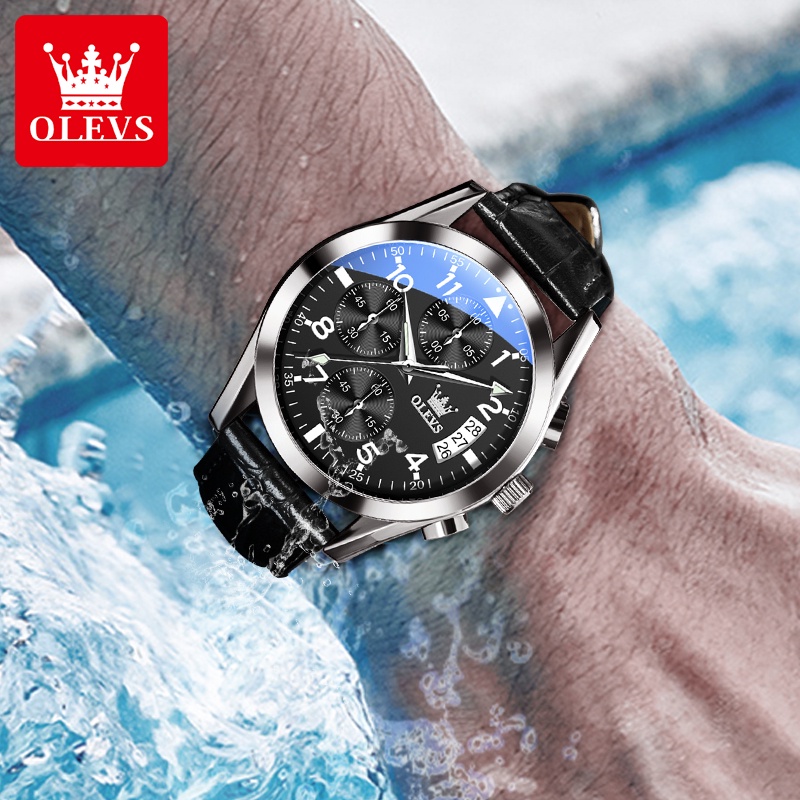 OLEVS Jam Tangan Pria Original Anti Air Kulit Tahan Keren Luminous Hitam Coklat Luxury Chronograph Watch Men Multifungsi