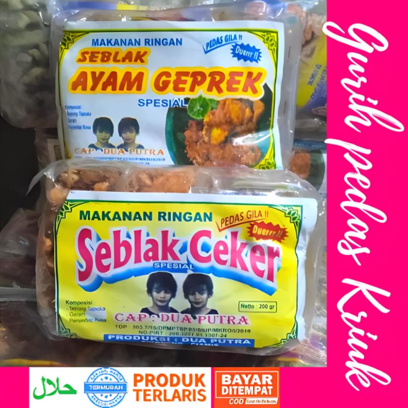 

Paket Dua Cemilan / Keripik Pedas Seblak Ceker dan Seblak Ayam Geprek