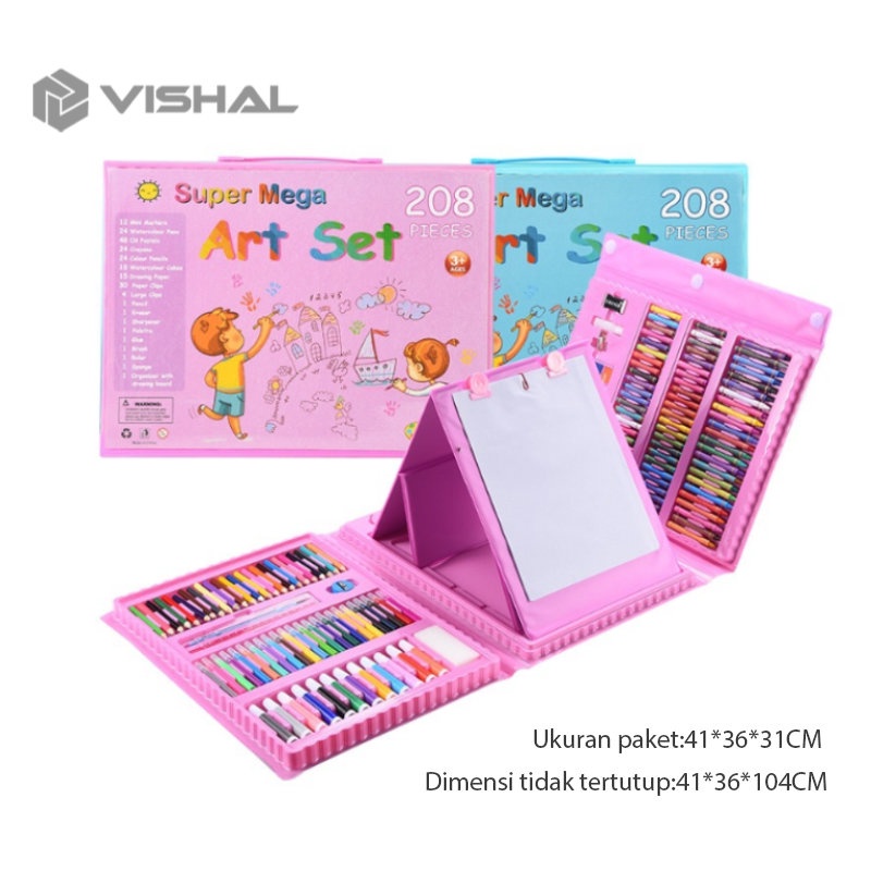 VISHAL Crayon Anak Pengasah 208pcs Set Alat Menggambar Melukis Anak-anak Crayon Cat Air Pensil VS-1859