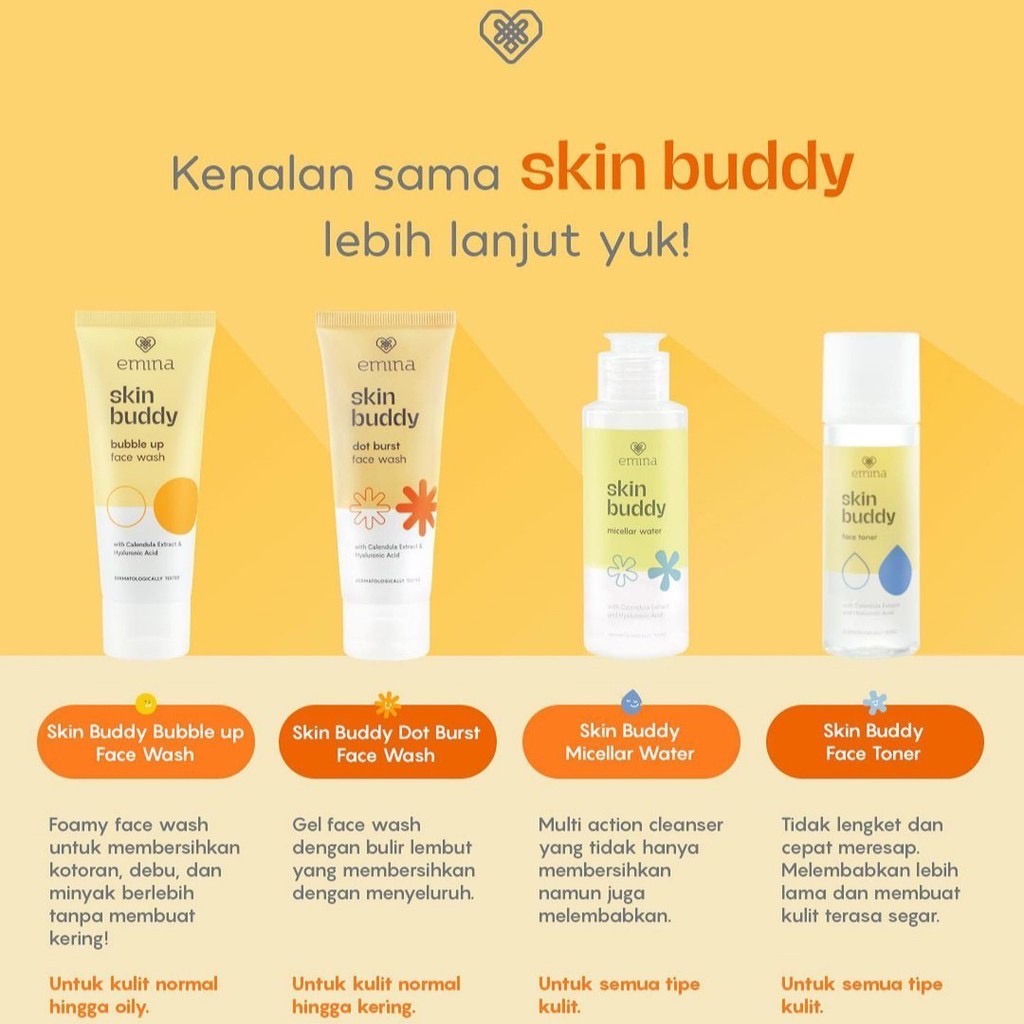 EMINA Skin Buddy Micellar Water Indonesia / Pembersih Wajah 50ml 100ml / With Calendula Extract And Hyaluronic Acid / Pembersih Makeup Formula Mild Hydrating Lightweight Non / Skincare Facial Care / Bubble Up Dot Burst Toner Sun Protection SPF Sunscreen